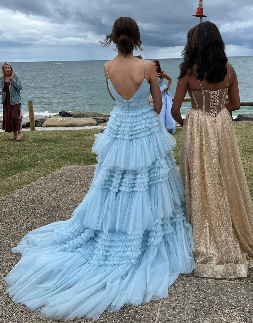 PM452,Princess Baby Blue A-Line Prom Ball Gown, Spaghetti Straps V-Neck Prom Dresses, Girls Birthday Dress
