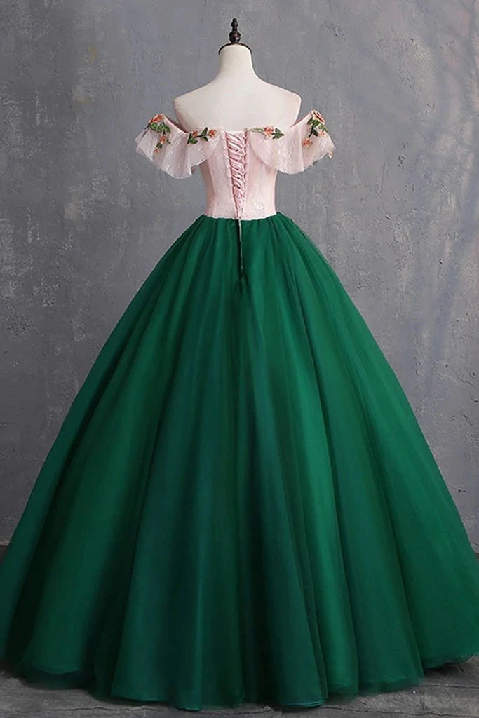 PM109,Green Off The Shoulder Floor Length Prom Dress With Appliques,Puffy Quinceanera Dress