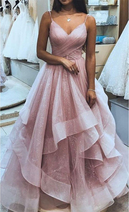 PM008,Sparkle pink prom dresses spaghetti straps evening dress layers long formal gown