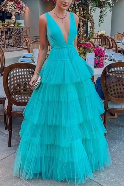 PM429,Sexy V-Neck Tulle Long Prom Dresses,Turquoise Blue Tulle Party Dress