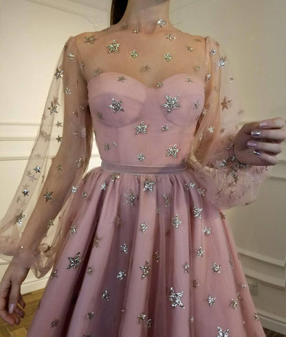 PM309,Sweet Pink Homecoming Dresses,Sequin A-Line Hoco Graduation Dress