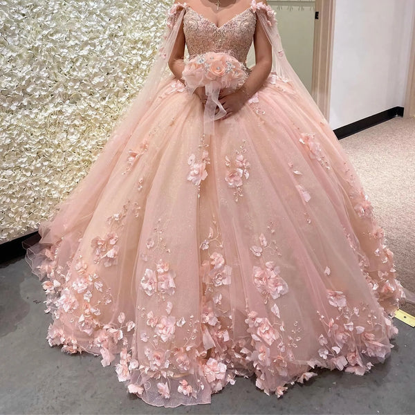 PM504,Sweet Pink 3D Flowers Ball Gown, Sweet 16 Dresses, Pink Birthday Gown
