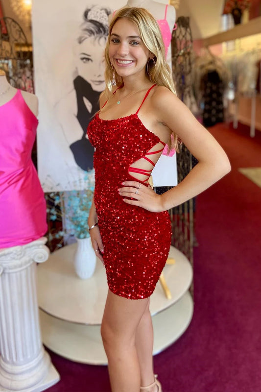 PM132,Red Sequined Mini Homecoming Dresses With Criss-Back