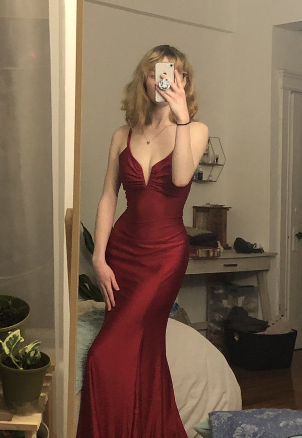 PM072,Burgundy mermaid long prom evening dress