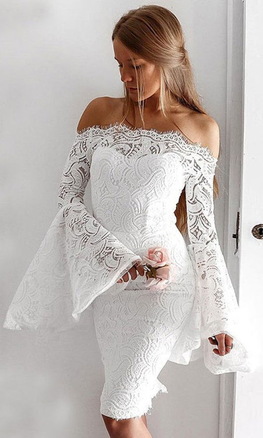 PM175,Off the shoulder white tight homecoming dresses lace graduation dress