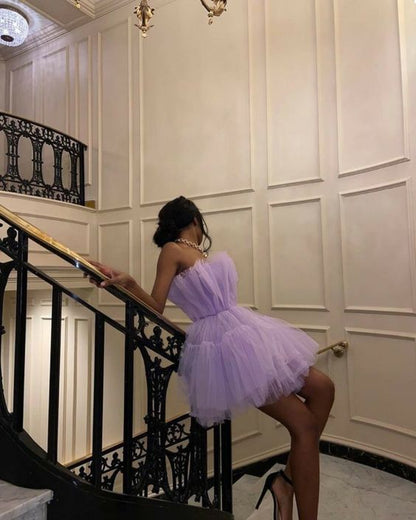PM025,Light purple tulle mini prom dresses strapless pleated homecomin ...