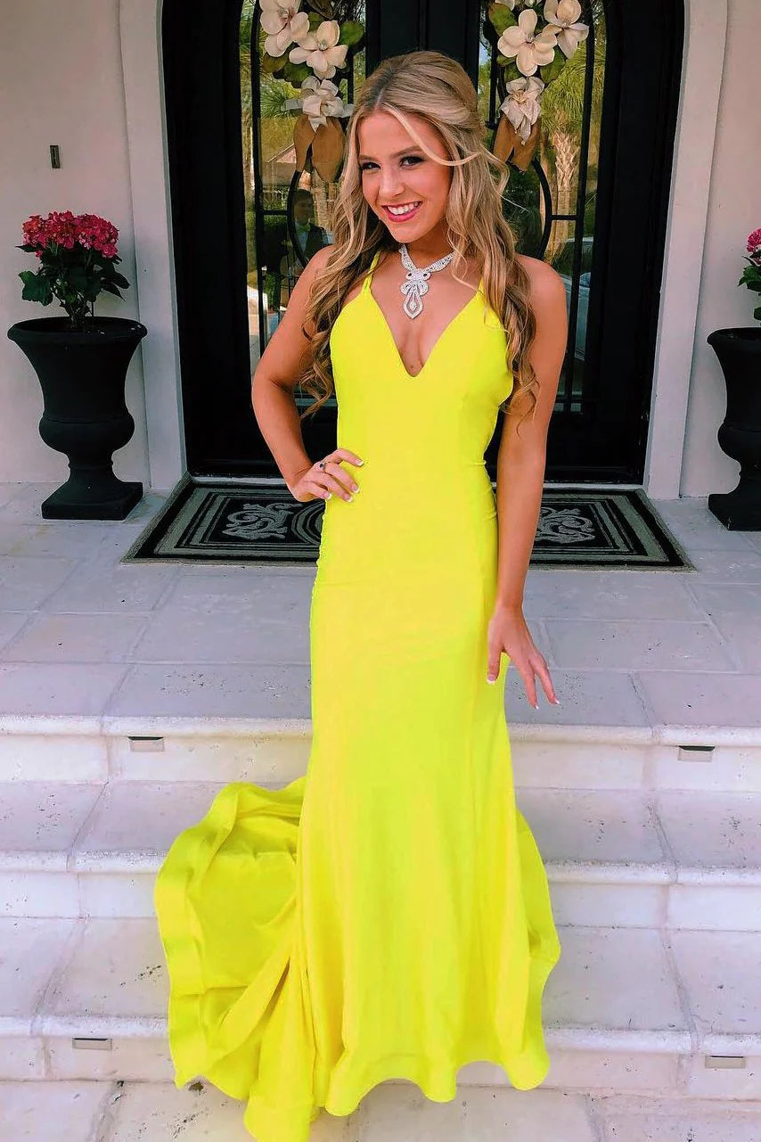 PM482,Simple Yellow Mermaid Satin Long Prom Dresses, Open Back Evening Dress