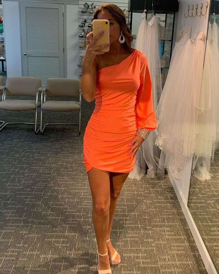PM253,Orange One Sleeve Tight Homecoming Dresses with Beaded Sleeve