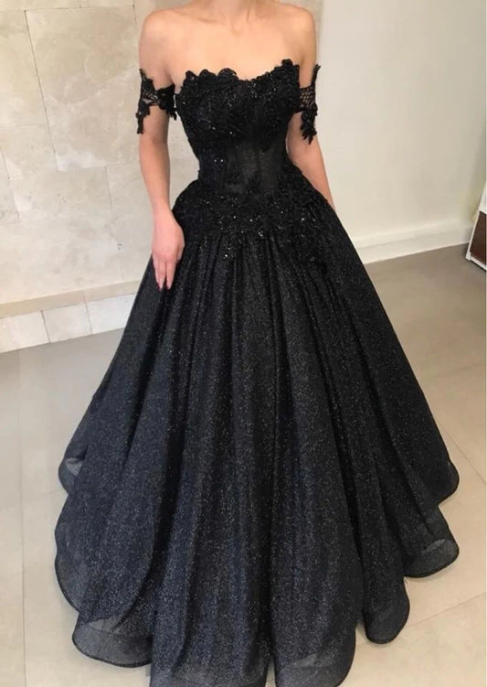 PM002,Sparkle black off the shoulder applique prom dresses evening dress long formal gown