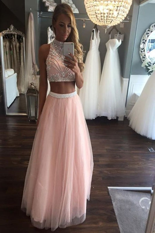 PM019,Two pieces beaded prom dresses,a-line tulle long prom dress