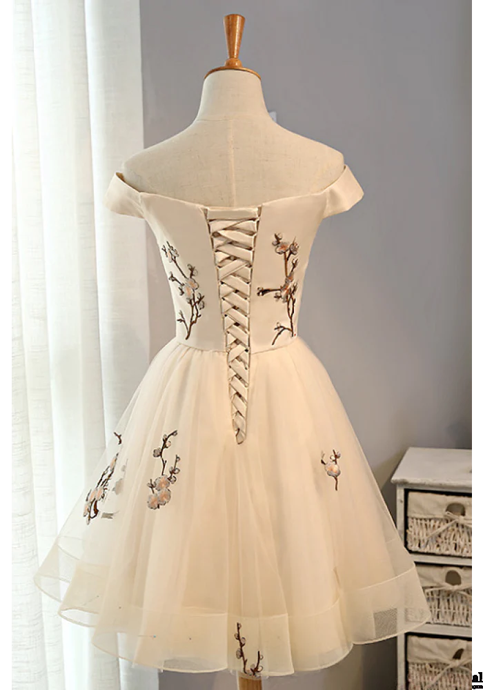 PM312,Off the shoulder ivory applique homecoming dresses