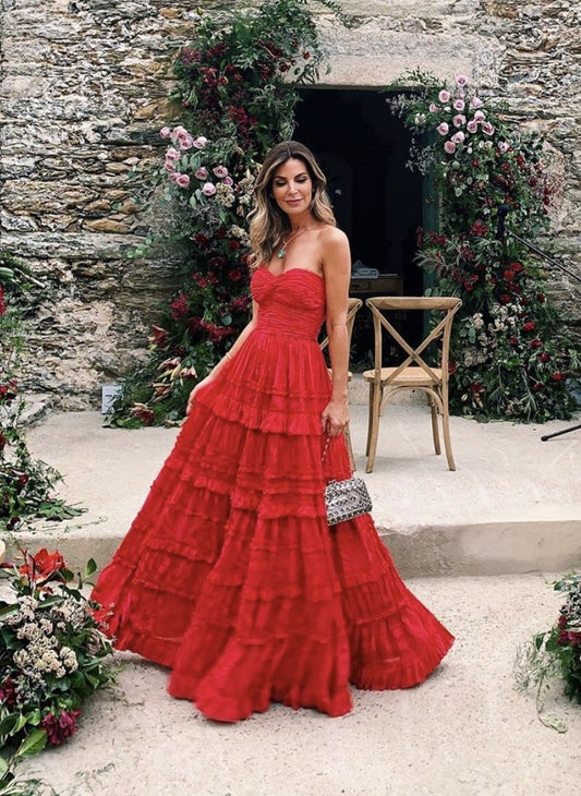 PM427,Sweetheart Red A-Line Ruffles Long Prom Dresses