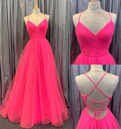 PM100,Spaghetti Straps V Neck Tulle Prom Gown, Elegant Long Formal Dress