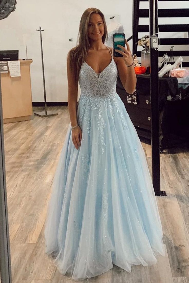 PM424,Charming Halter Lace Applique Baby Blue Prom Dresses,A-Line Sequin Long Evening Gown
