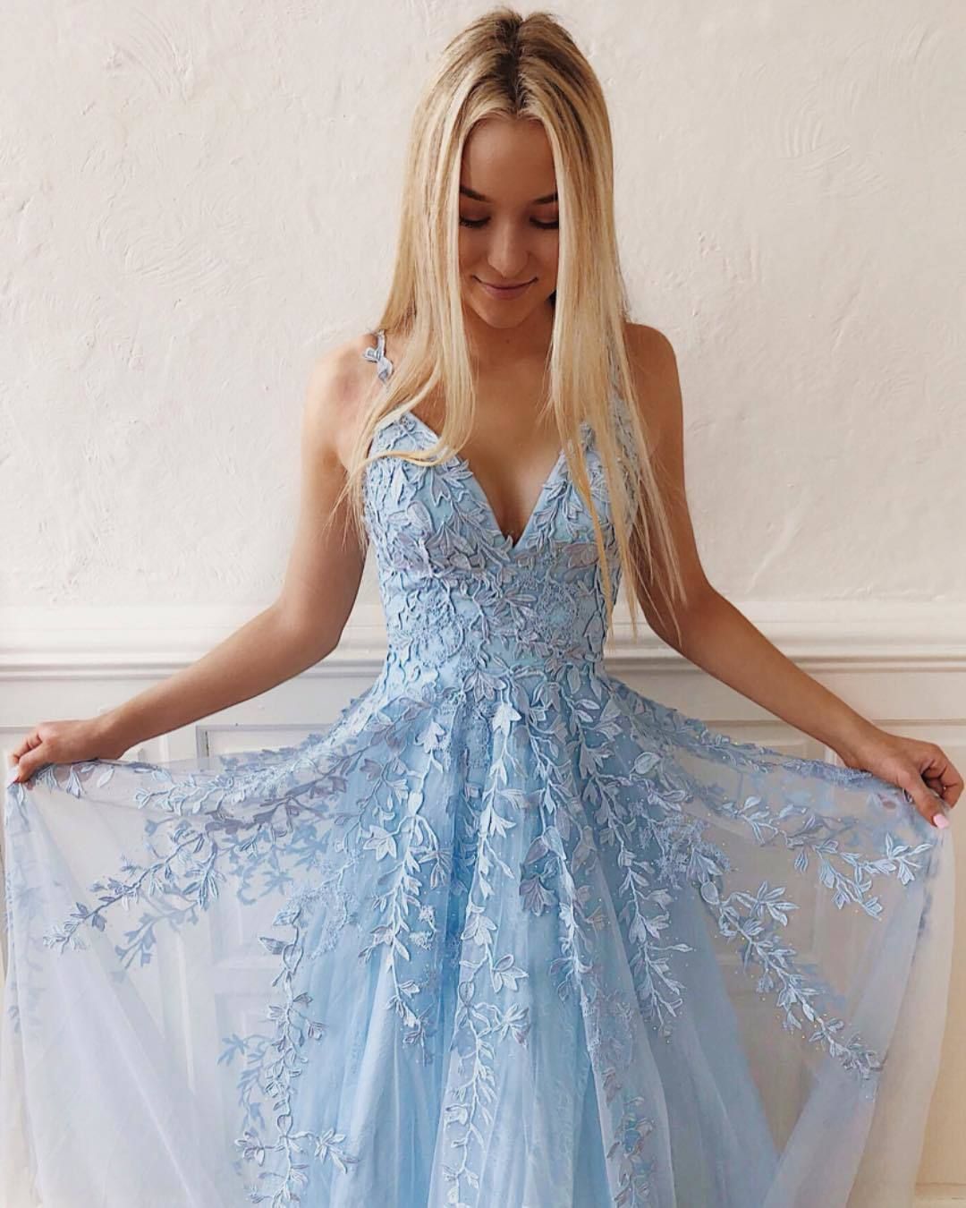 PM348,Sky Blue Applique Tulle Long Prom Dresses,V-Neck Lace Evening Dresses