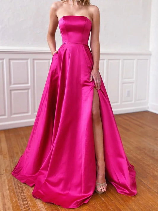 PM428,A-Line Hot Pink Satin Prom Dresses,Strapless Slit Long Evening Gown