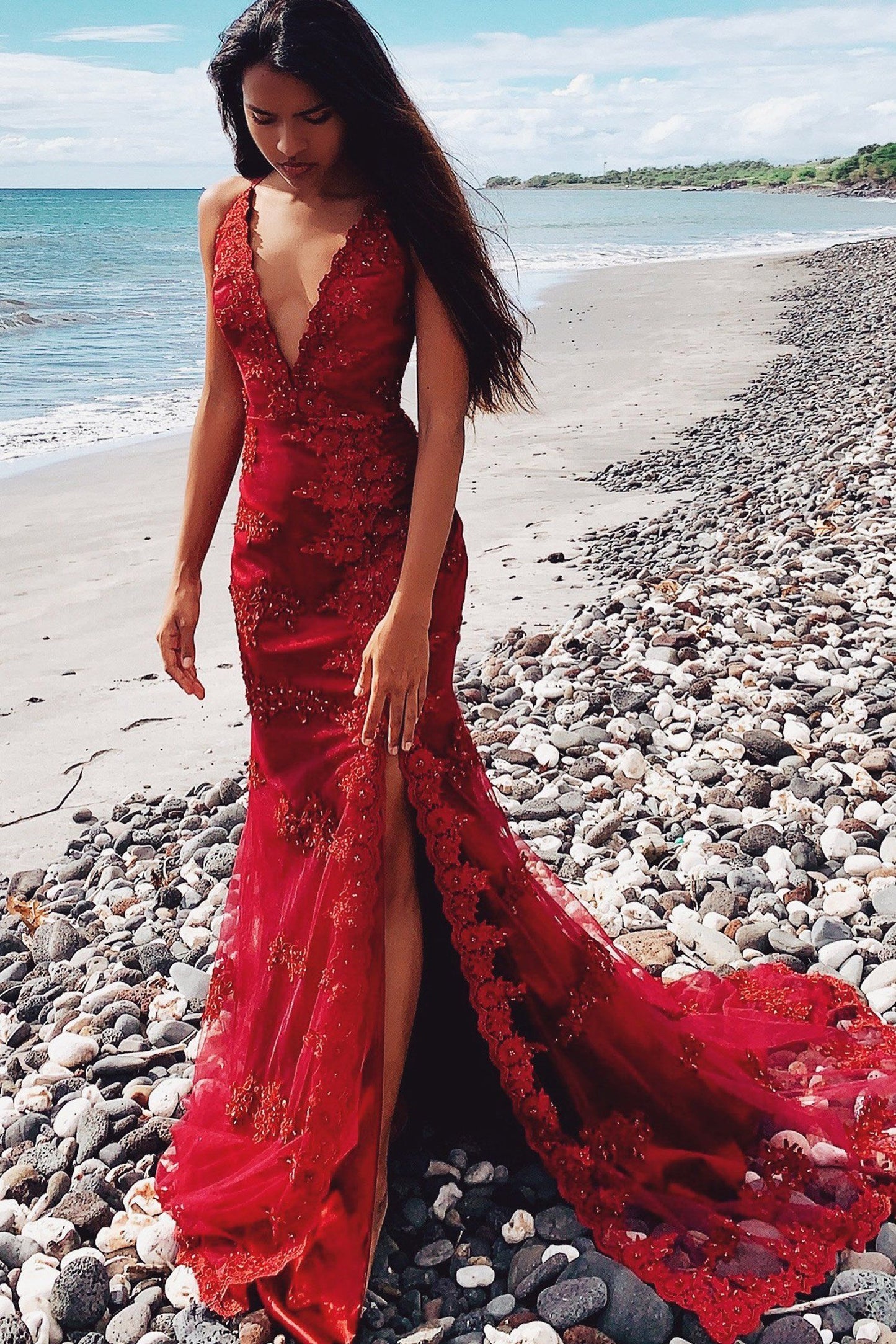 PM456, Luxury Red Lace Bodycon Prom Dresses With Slit, Red Floral Prom Dresses