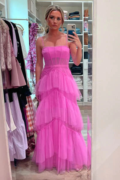 PM094,Hot Pink New Style Spaghetti Straps Floor Length Prom Dress With Ruffles