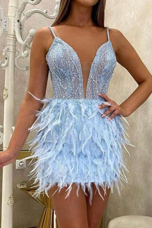 PM169,Luxury Beaded Feather Mini Homecoming Dresses