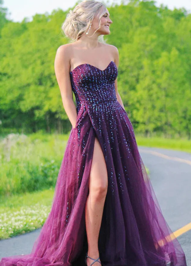 PM454, A Line Tulle Grape Beaded Sweetheart Long Side Slit Prom Dresses