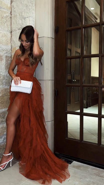 PM066,Rust Red Sweetheart High Low Tiered Prom Evening Dresses Tulle Formal Dress