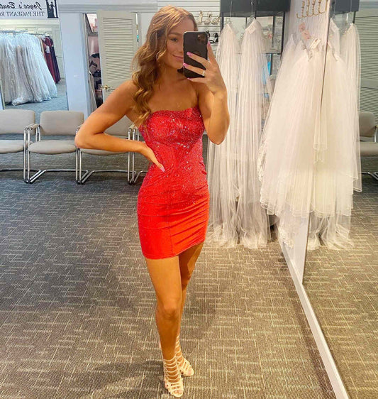 PM250,Strapless Tight Red Short Homecoming Dress with Beaded
