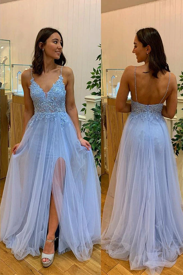 PM097,A-Line Spaghetti Straps V Neck Light Blue Split Applique Long Prom Dress