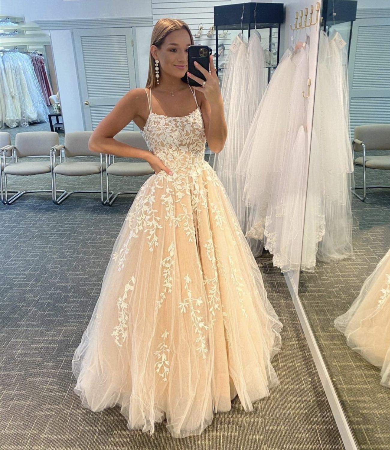 PM001,Stylish prom dress,spaghetti straps evening dresses,applique beaded long evening gown,tulle light champagne formal gown