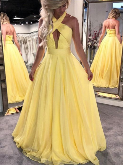 PM039,Cross halter yellow chiffon long prom evening dresses