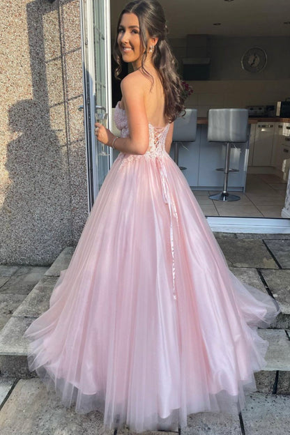 PM325,Strapless Pink Evening Formal Gown,Lace Top Long Prom Dresses