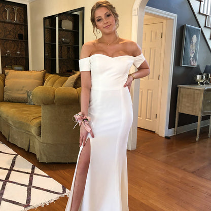 PM398,Cheap Off The Shoulder White Satin Long Prom Dresses,Mermaid Evening Formal Gown
