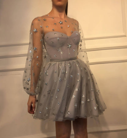 PM307,Sparkle Long Sleeve Short Unique Sheer Neck Stars Mini Homecoming Dress
