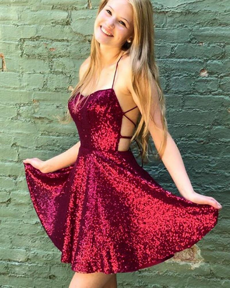 PM041,Burgundy homecoming dresses,cross back sequin mini prom dress