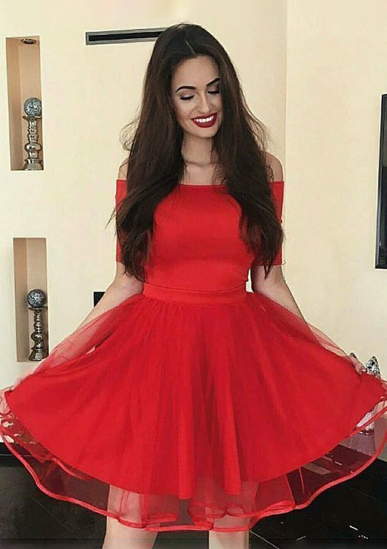 PM053,Red off the shoulder tulle homecoming dresses