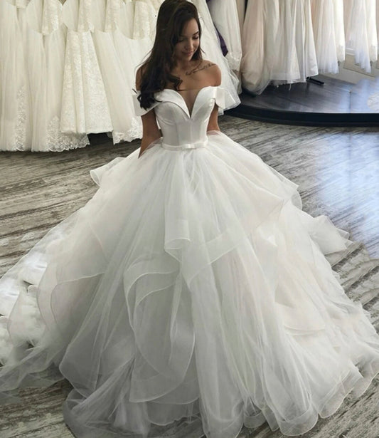 PM065,Stunning off the shoulder white tulle wedding gown,white bridal dresses