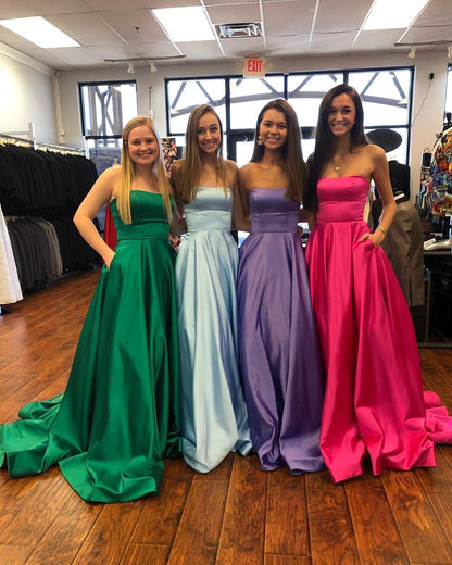 PM359,Strapless A-Line Satin Long Evening Prom Dresses