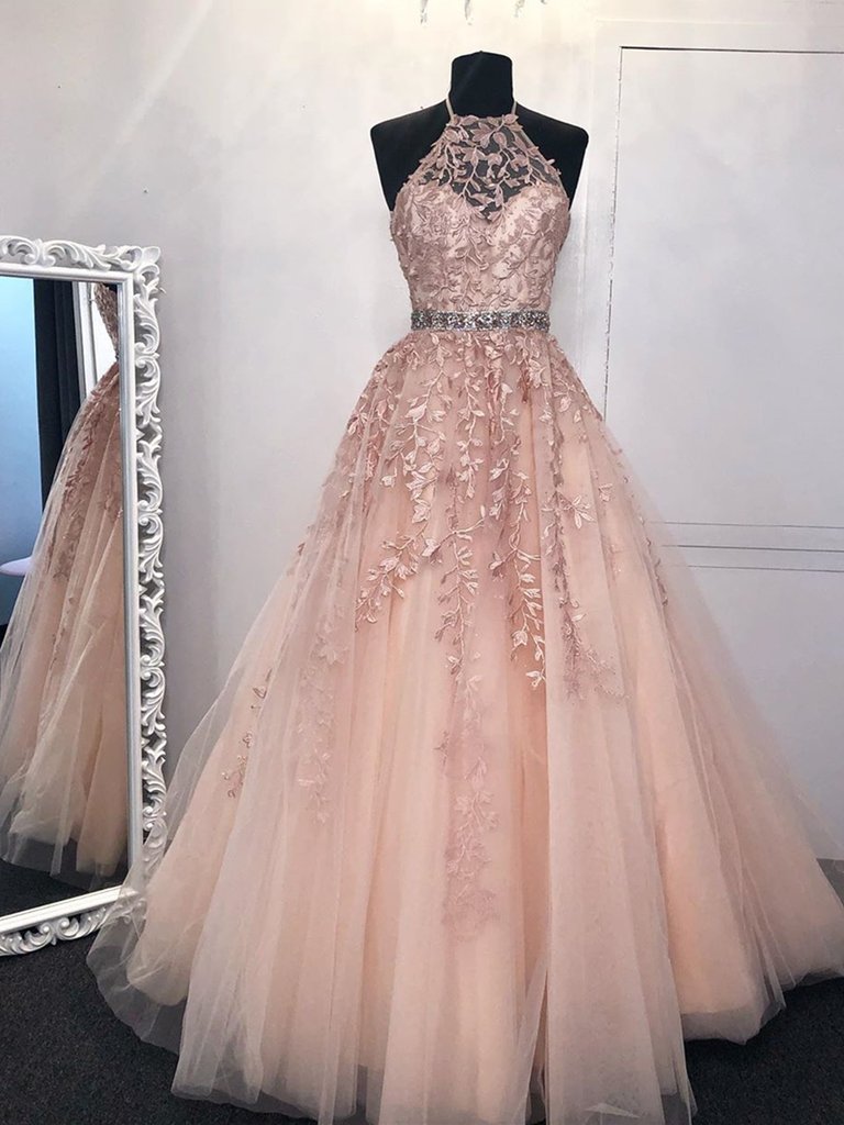 PM335,Blush Pink Applique Prom Dresses A-Line Halter Evening Formal Gown