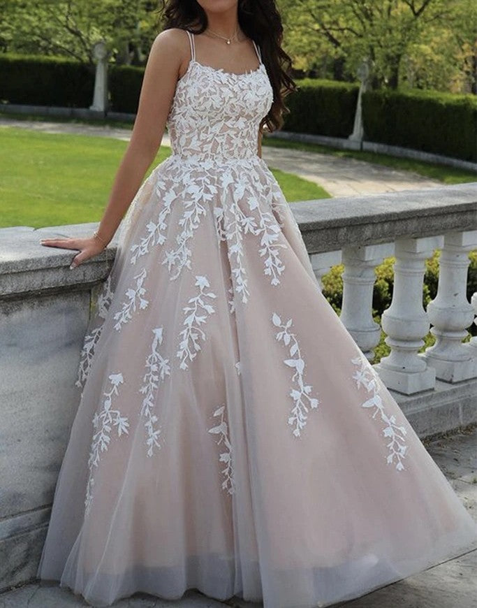 PM329,Charming Applique Champagne Long Prom Evening Dresses