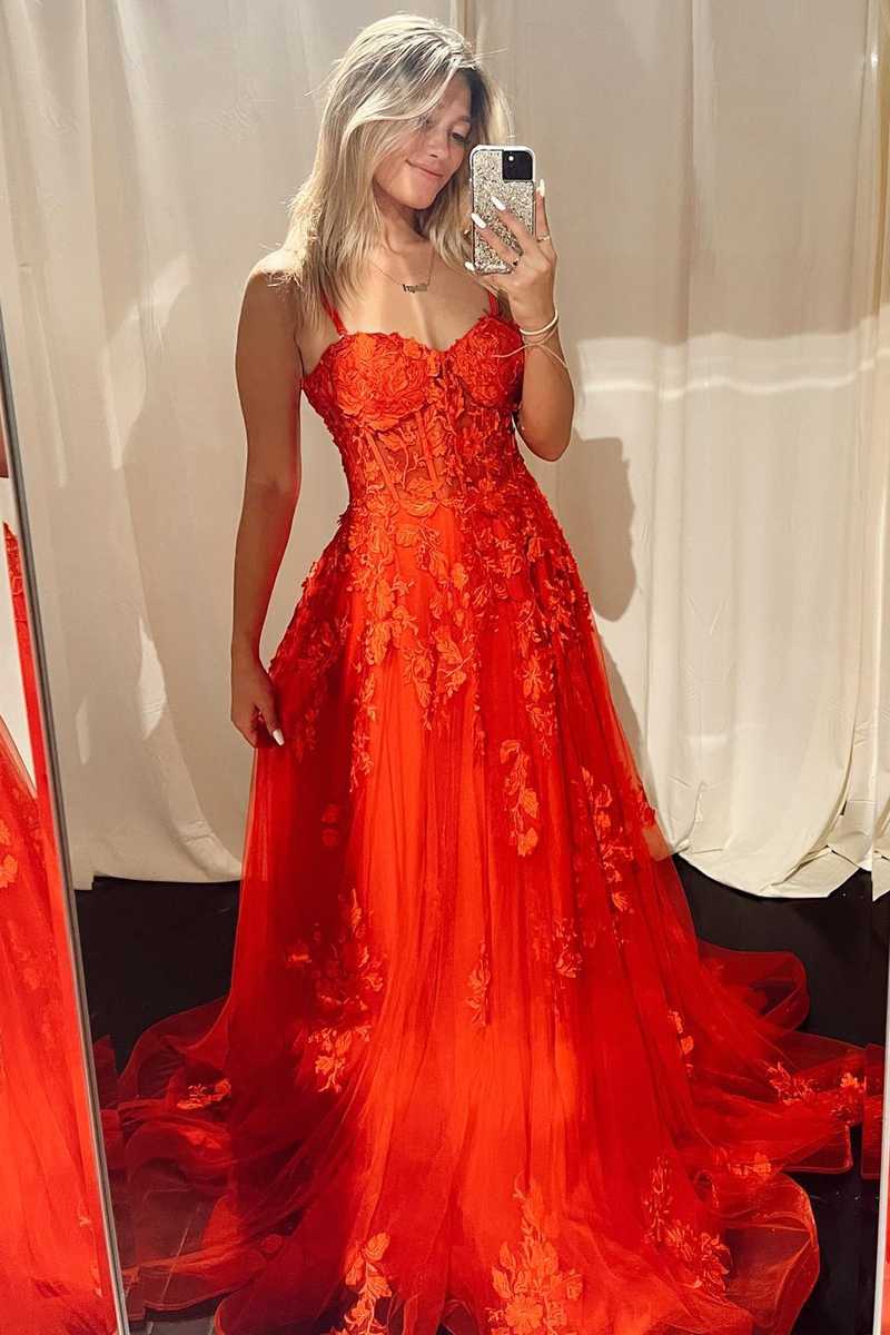 PM417,Gorgeous Red Applique A-Line Tulle Long Prom Evening Dresses