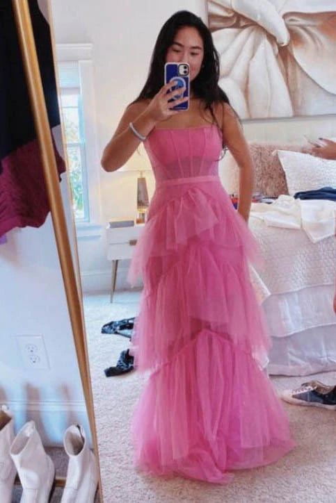 PM095,Pink Spaghetti Straps Floor Length Prom Dress With Ruffles, Tulle Formal Gown