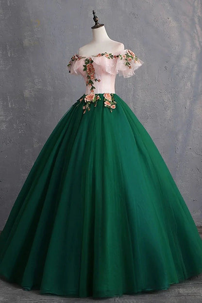 PM109,Green Off The Shoulder Floor Length Prom Dress With Appliques,Puffy Quinceanera Dress