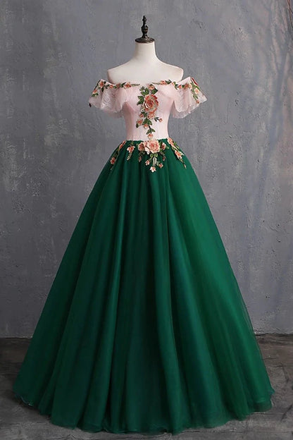 PM109,Green Off The Shoulder Floor Length Prom Dress With Appliques,Puffy Quinceanera Dress