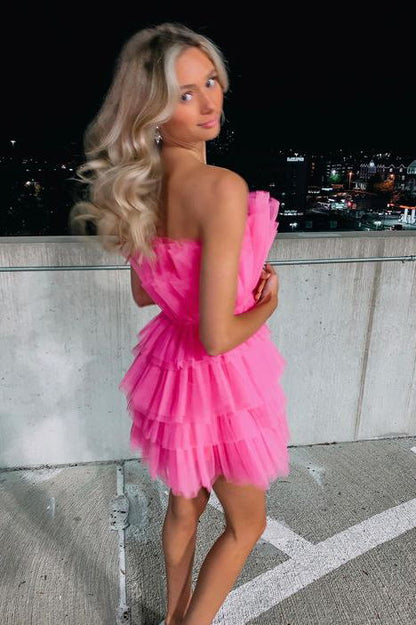 PM302,Hot pink strapless homecoming dresses,tulle mini cocktail dress