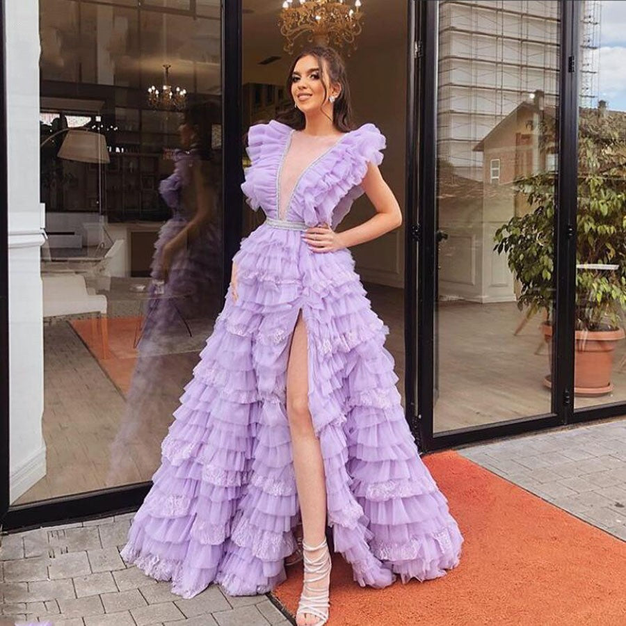 PM431,Fluffy Lilac A-Line Long Prom Dresses,Deep V-Neck High Split Eve – prommirror