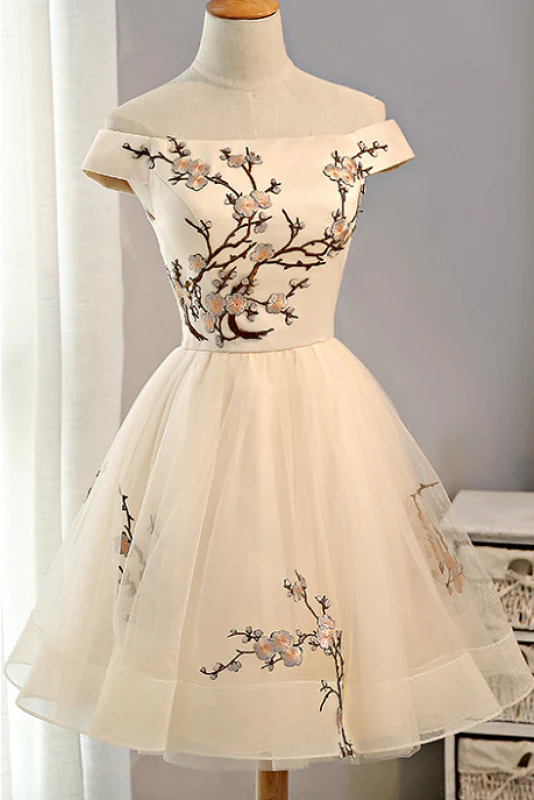 PM312,Off the shoulder ivory applique homecoming dresses