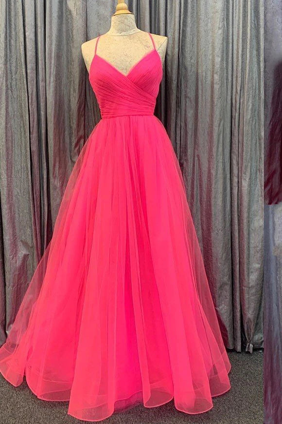 PM100,Spaghetti Straps V Neck Tulle Prom Gown, Elegant Long Formal Dress