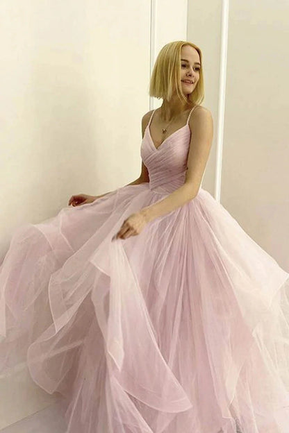 PM105,Light Pink Spaghetti Straps Tulle Puffy Prom Gown, Asymmetrical Long Evening Dress
