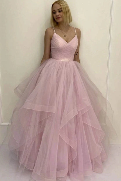 PM105,Light Pink Spaghetti Straps Tulle Puffy Prom Gown, Asymmetrical Long Evening Dress
