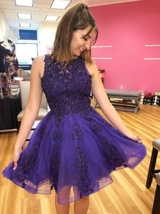 PM064,Purple beaded tulle homecoming dresses applique short dress