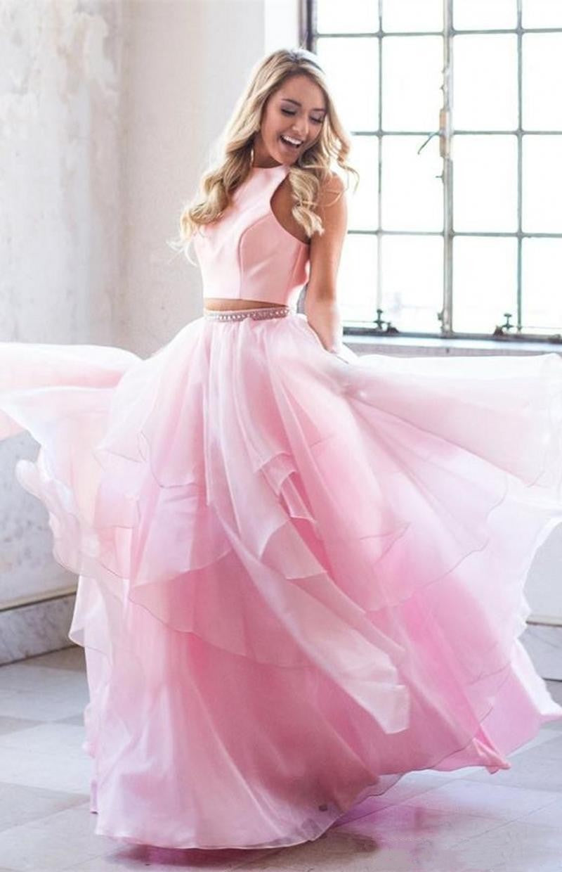 PM200,Two Pieces Pink Chiffon Long Prom Evening Dresses